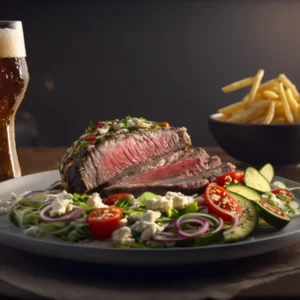 استیک نیویورکی ۳۰۰ گرمی با پیش‌غذا و نوشیدنی